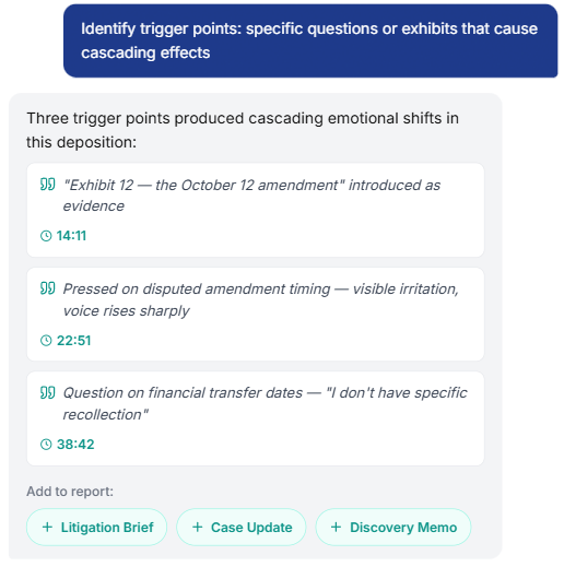 Ask Depo AI: chat interface returning answers with transcript quotes, page-line citations, and timestamps into the source video.
